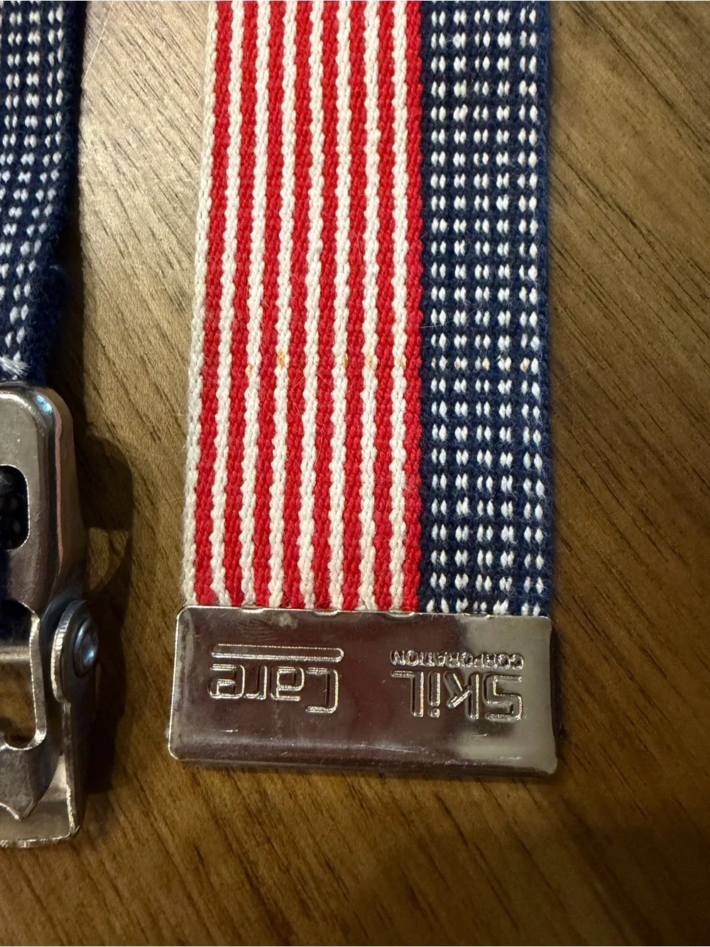 Striped Red and Navy Webbing Belt with Metal Buckle
